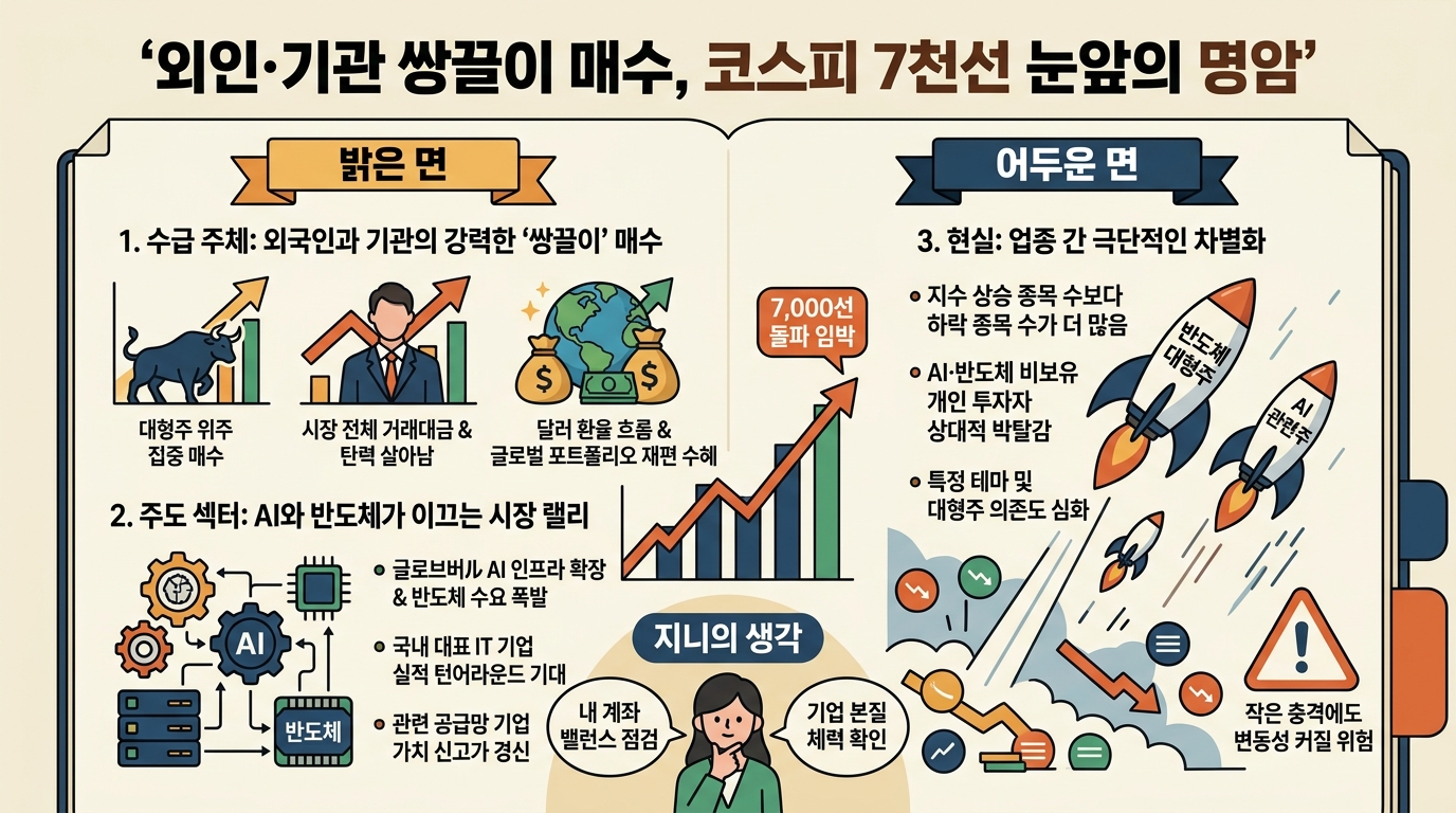외인·기관 쌍끌이 매수, 코스피 7천선 눈앞의 명암